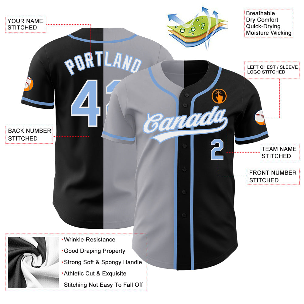Custom Black Light Blue-Gray Authentic Split Fashion Baseball Jersey view 3