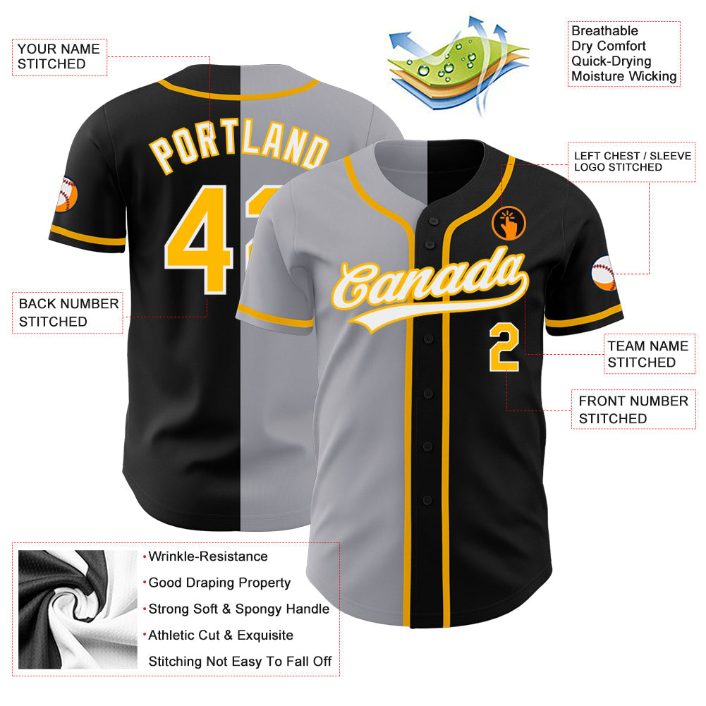 Custom Black Gold-Gray Authentic Split Fashion Baseball Jersey view 3