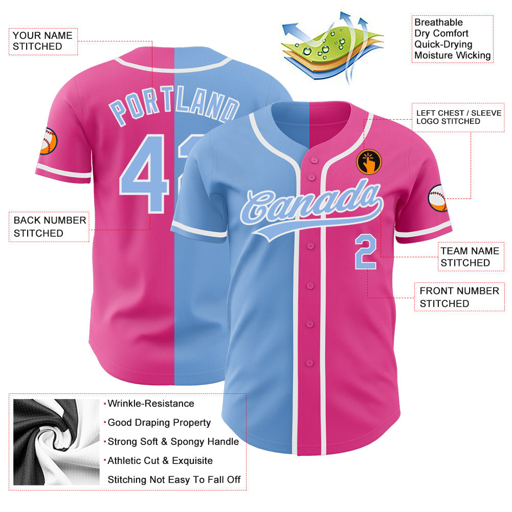 Custom Pink Light Blue-White Authentic Split Fashion Baseball Jersey view 3