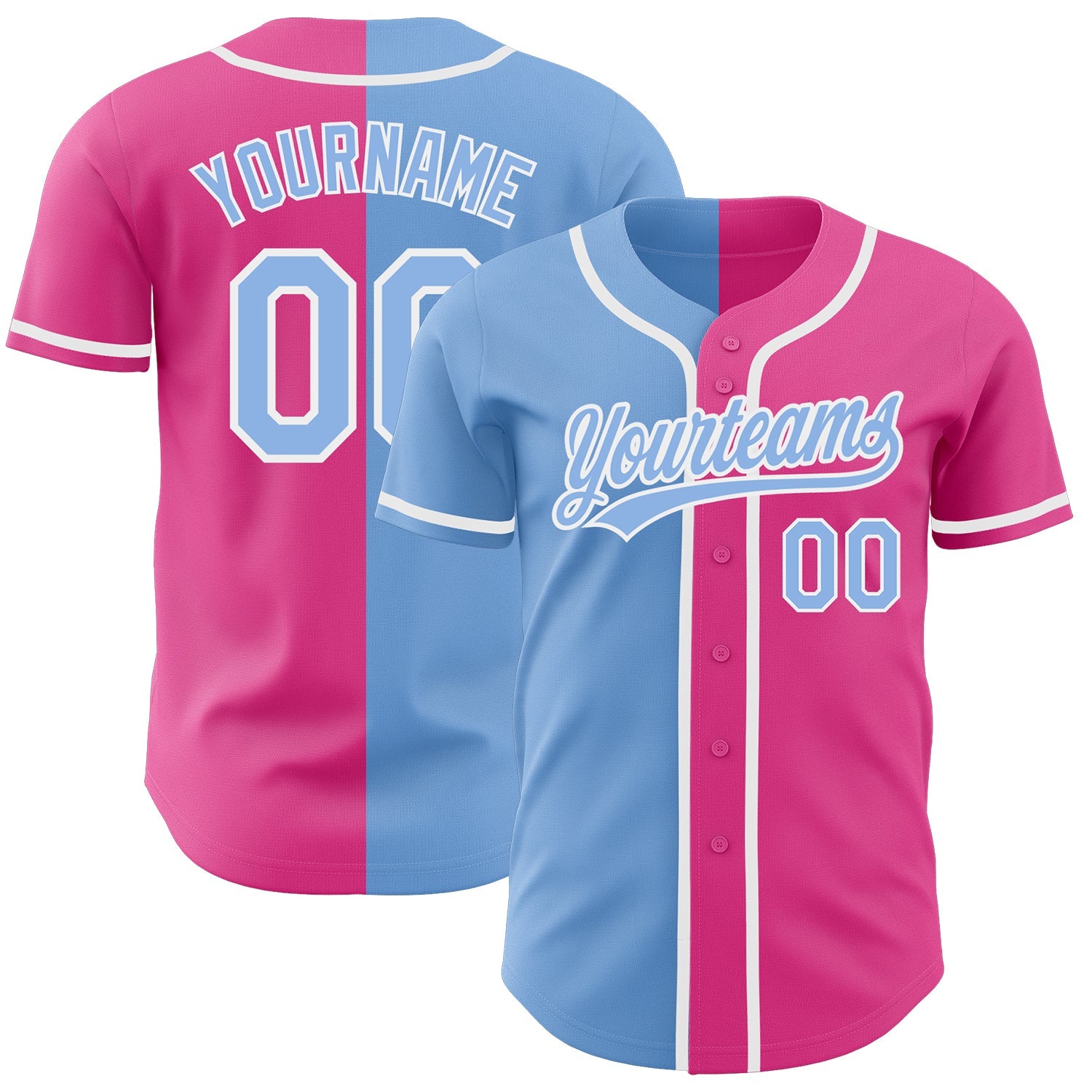 Custom Pink Light Blue-White Authentic Split Fashion Baseball Jersey - Main View