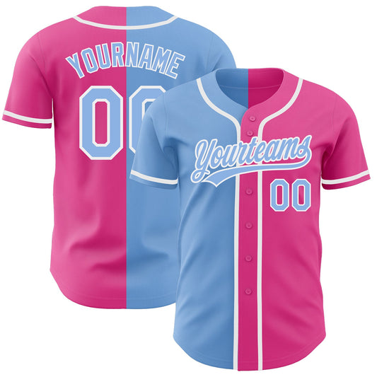 Custom Pink Light Blue-White Authentic Split Fashion Baseball Jersey - Main View