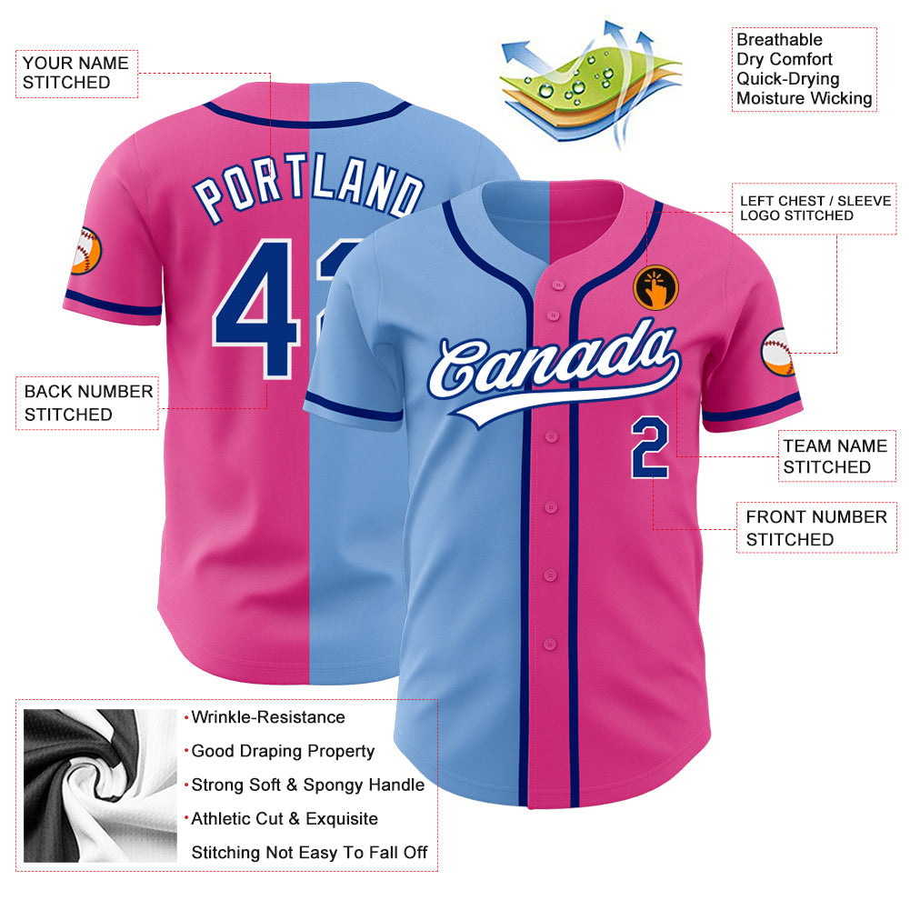 Custom Pink Royal-Light Blue Authentic Split Fashion Baseball Jersey view 3