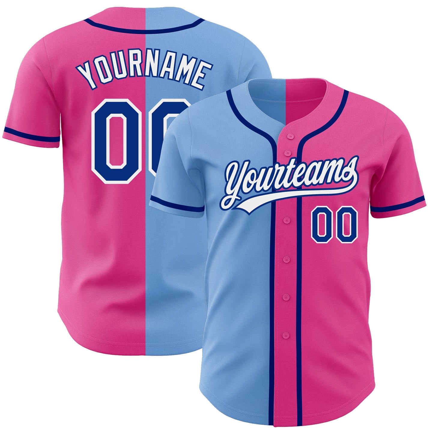Custom Pink Royal-Light Blue Authentic Split Fashion Baseball Jersey - Main View