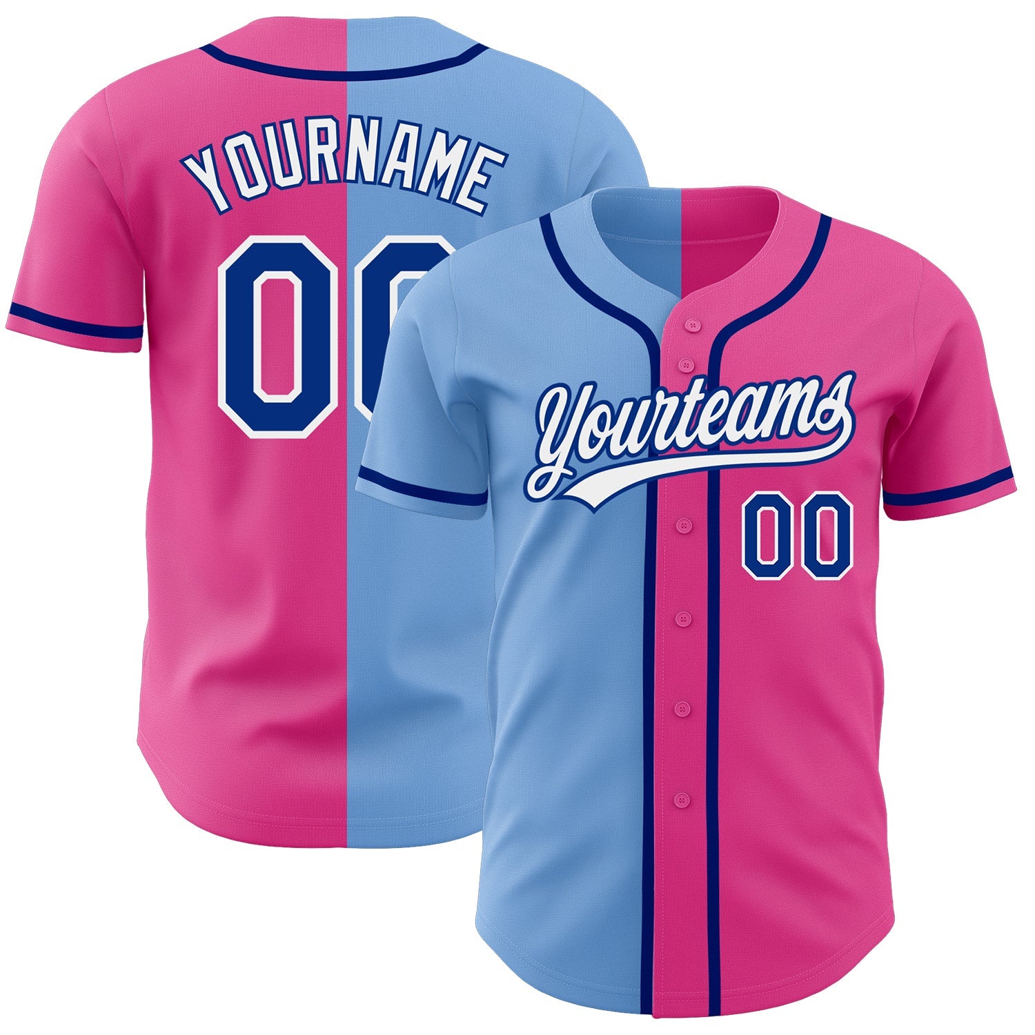 Custom Pink Royal-Light Blue Authentic Split Fashion Baseball Jersey - Main View