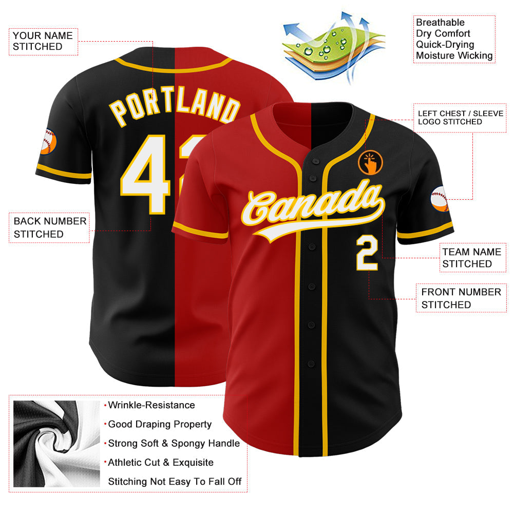 Custom Black White Red-Gold Authentic Split Fashion Baseball Jersey view 3