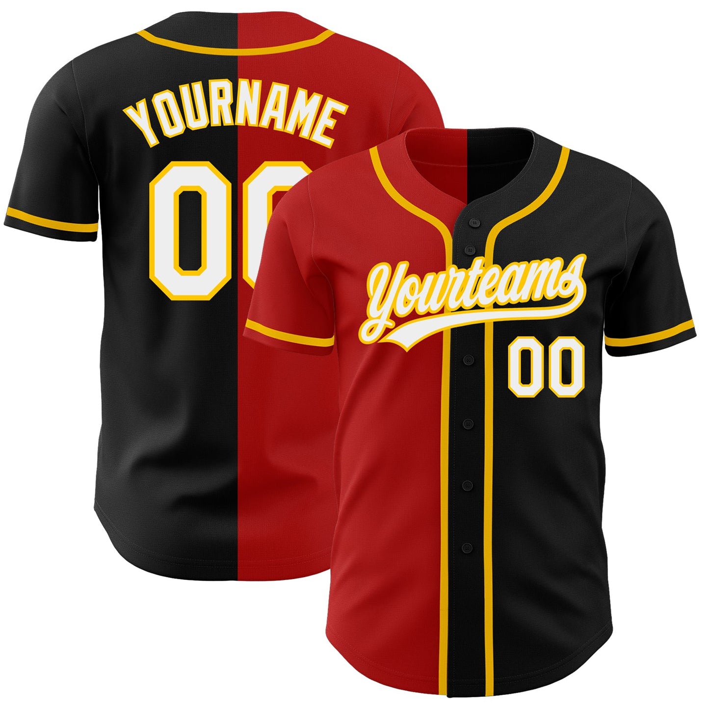 Custom Black White Red-Gold Authentic Split Fashion Baseball Jersey - Main View