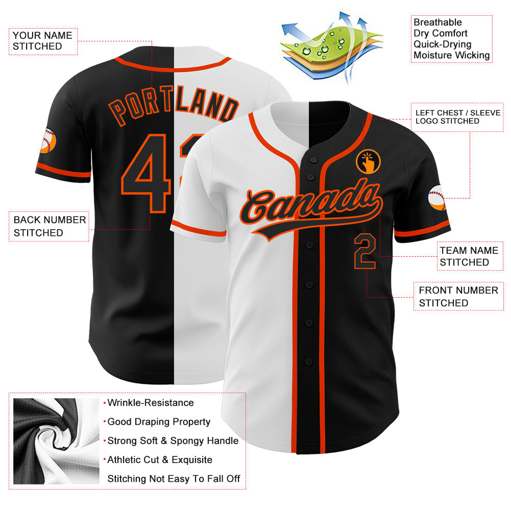 Custom Black Black White-Orange Authentic Split Fashion Baseball Jersey view 3