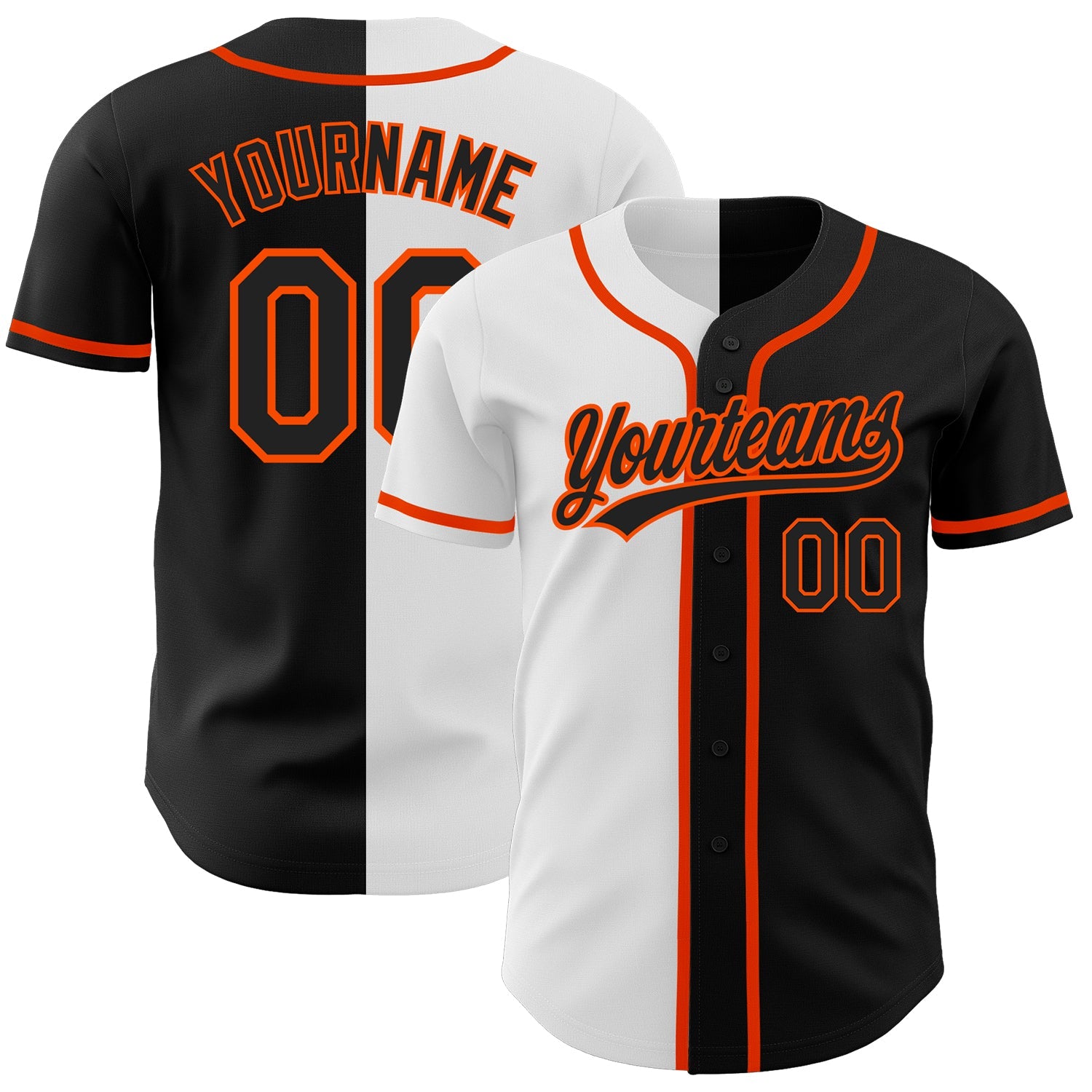 Custom Black Black White-Orange Authentic Split Fashion Baseball Jersey - Main View