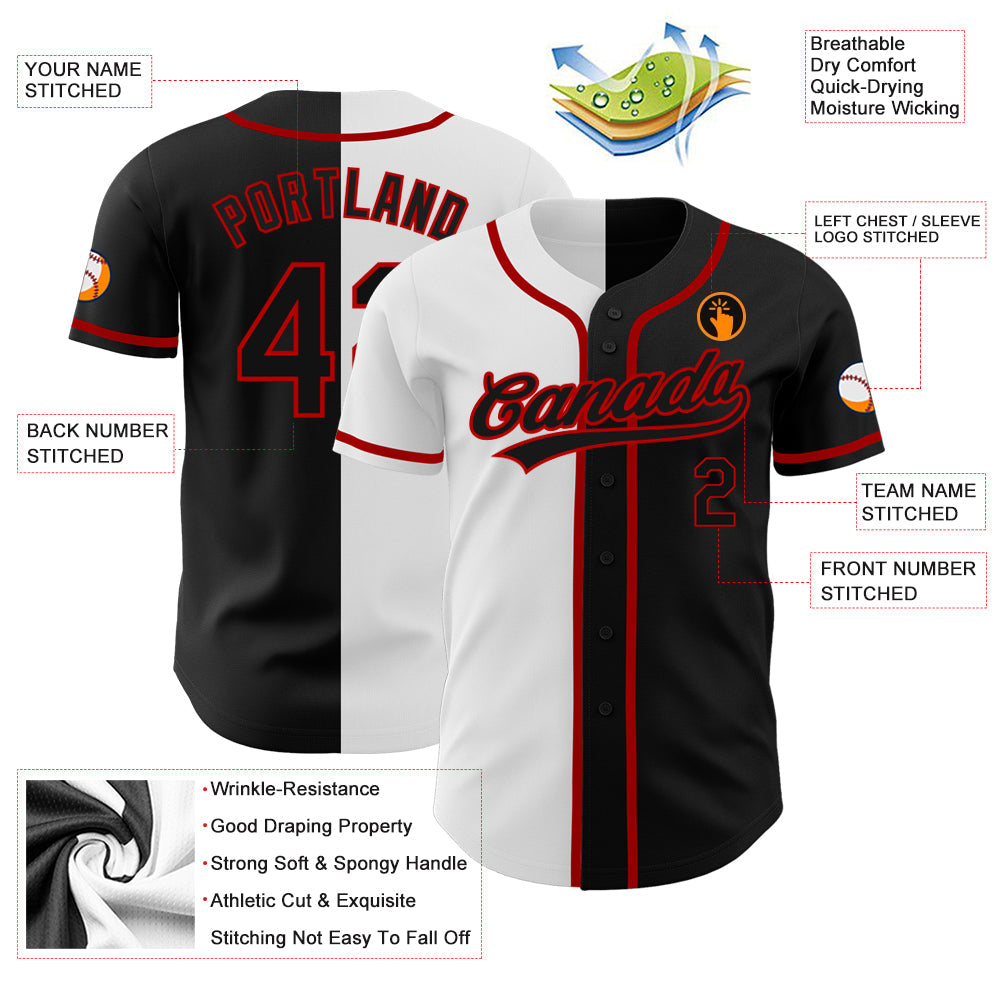 Custom Black Black White-Red Authentic Split Fashion Baseball Jersey view 3