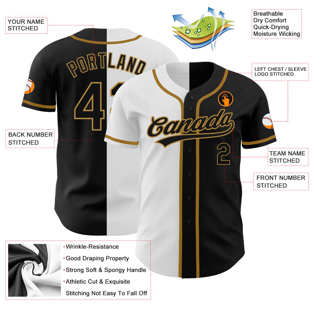 Custom Black Black White-Old Gold Authentic Split Fashion Baseball Jersey view 3