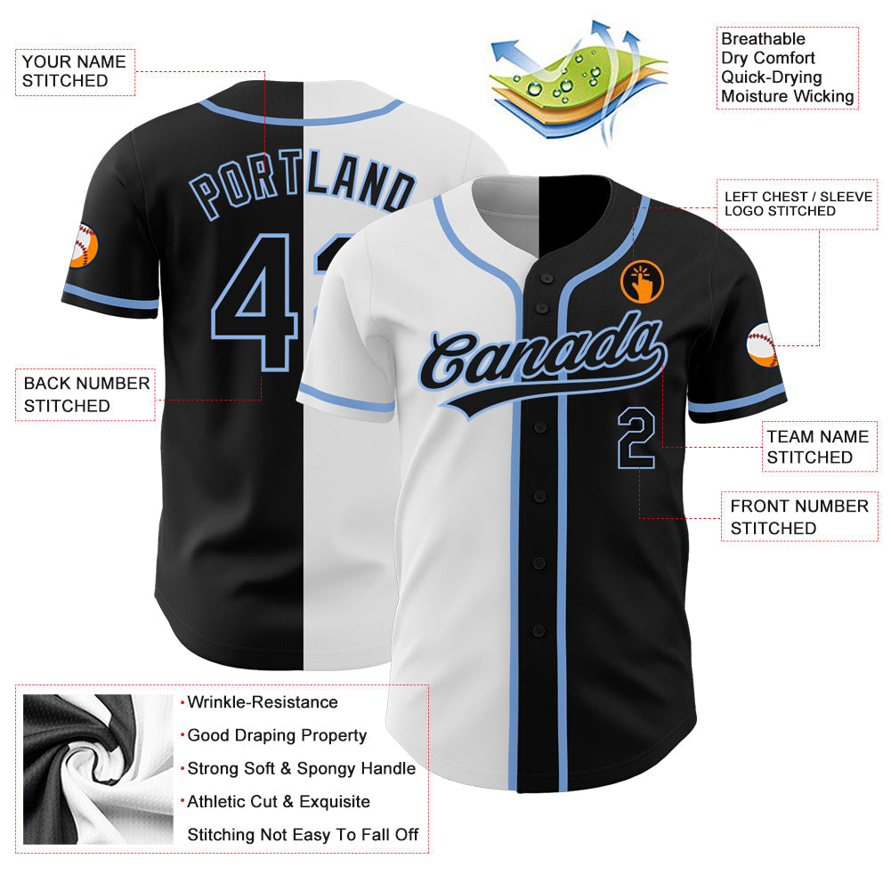 Custom Black Black White-Light Blue Authentic Split Fashion Baseball Jersey view 3