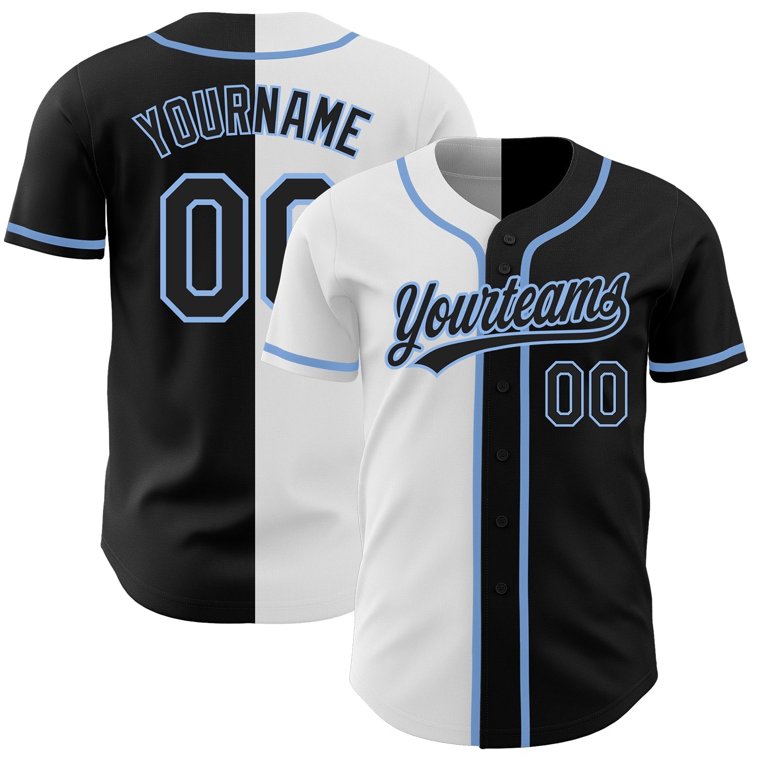 Custom Black Black White-Light Blue Authentic Split Fashion Baseball Jersey - Main View
