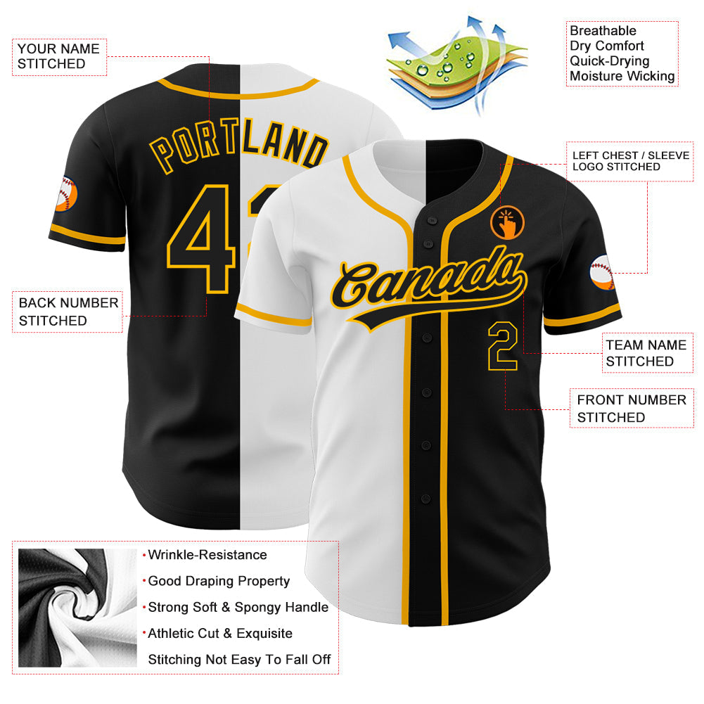 Custom Black Black White-Gold Authentic Split Fashion Baseball Jersey view 3
