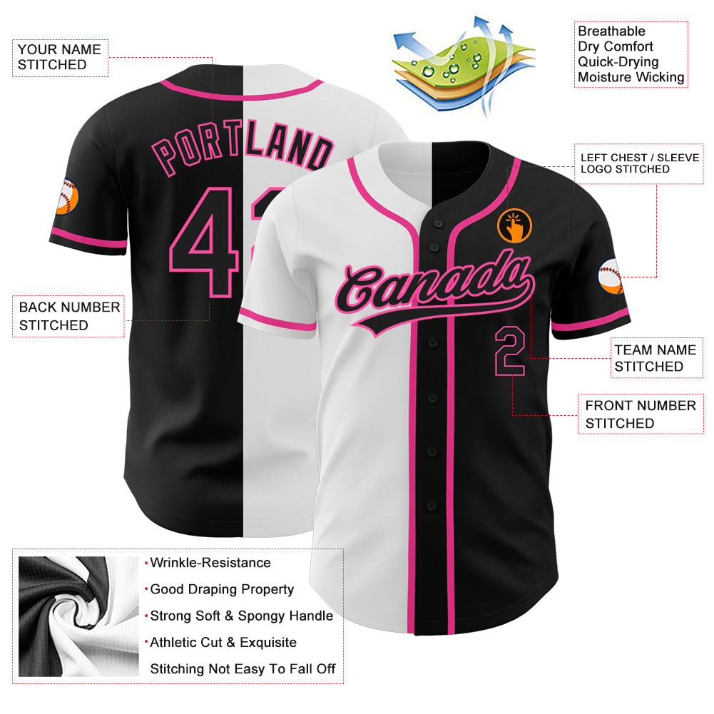 Custom Black Black White-Pink Authentic Split Fashion Baseball Jersey view 3