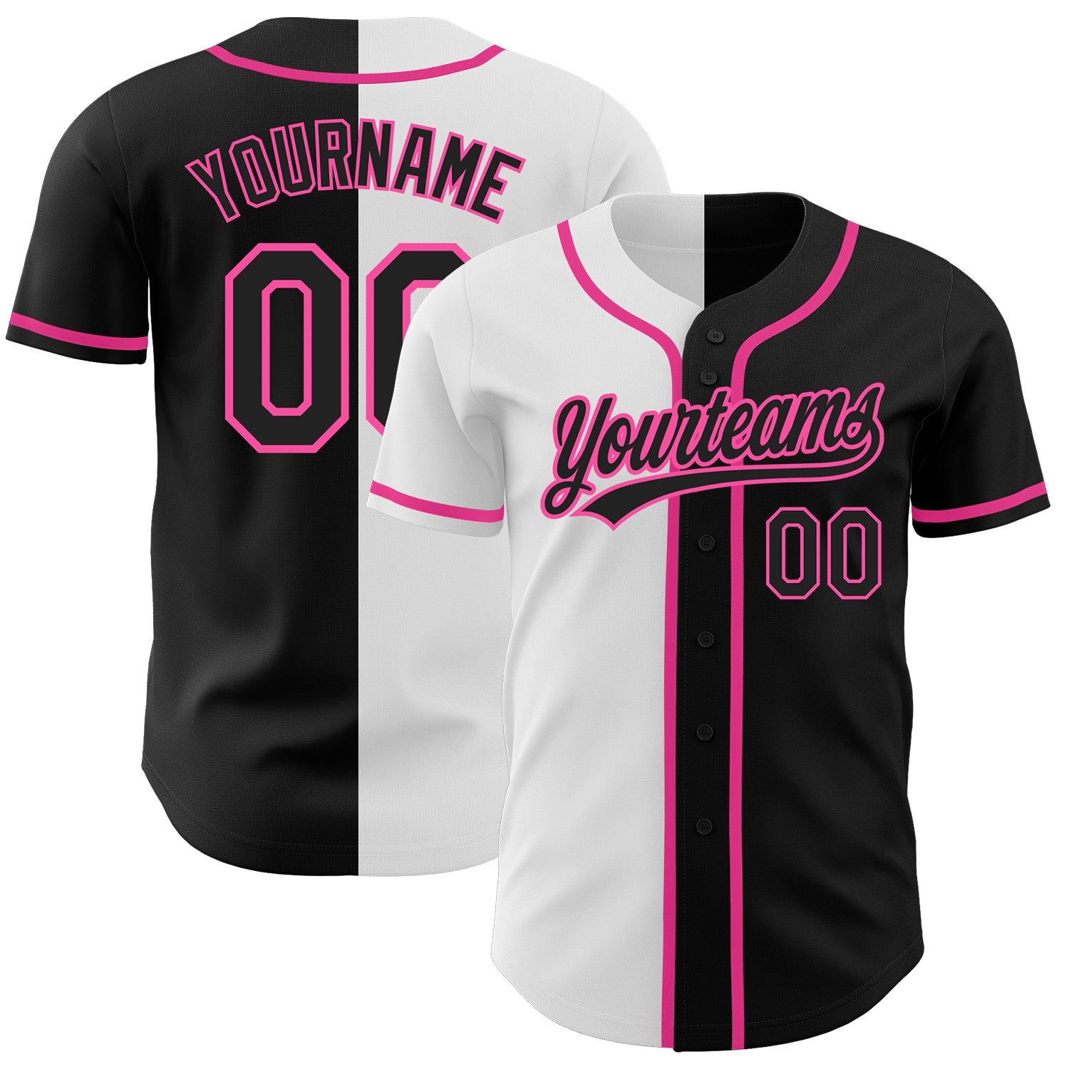 Custom Black Black White-Pink Authentic Split Fashion Baseball Jersey - Main View