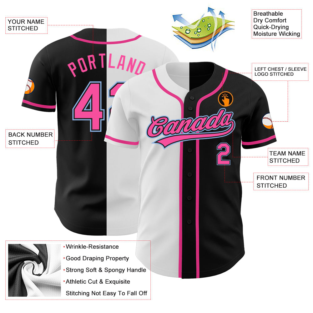 Custom Black Pink White-Light Blue Authentic Split Fashion Baseball Jersey view 3