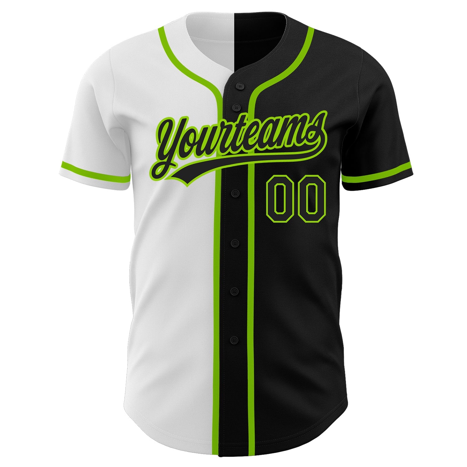 Custom Black Black White-Neon Green Authentic Split Fashion Baseball Jersey view 2