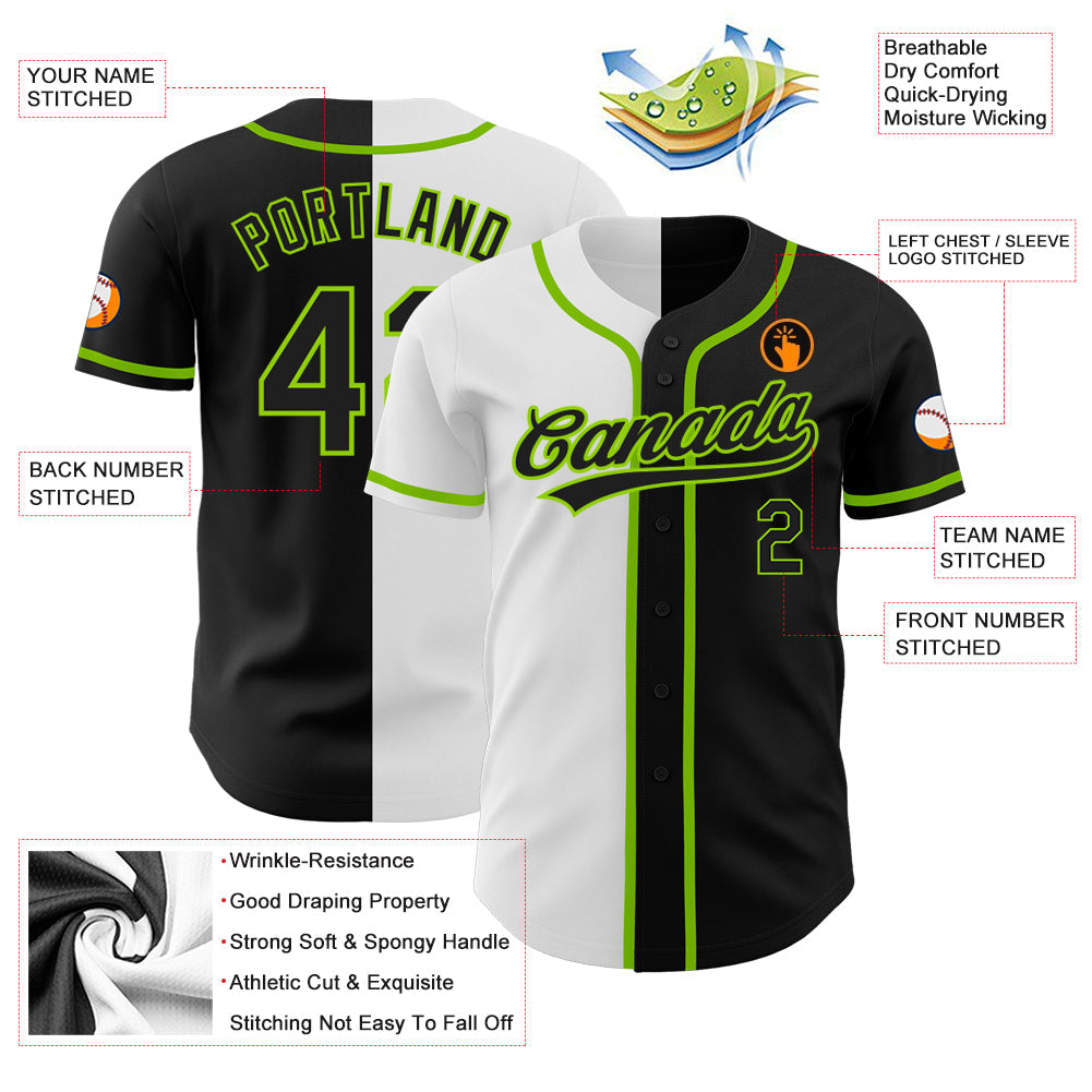 Custom Black Black White-Neon Green Authentic Split Fashion Baseball Jersey view 3