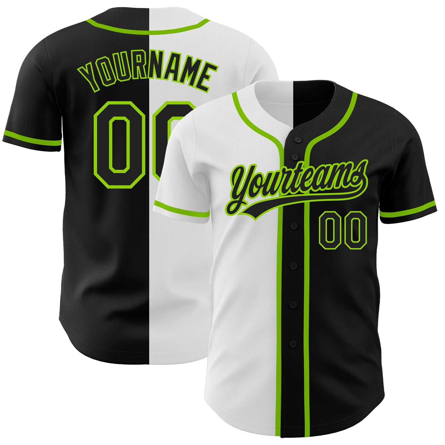 Custom Black Black White-Neon Green Authentic Split Fashion Baseball Jersey - Main View