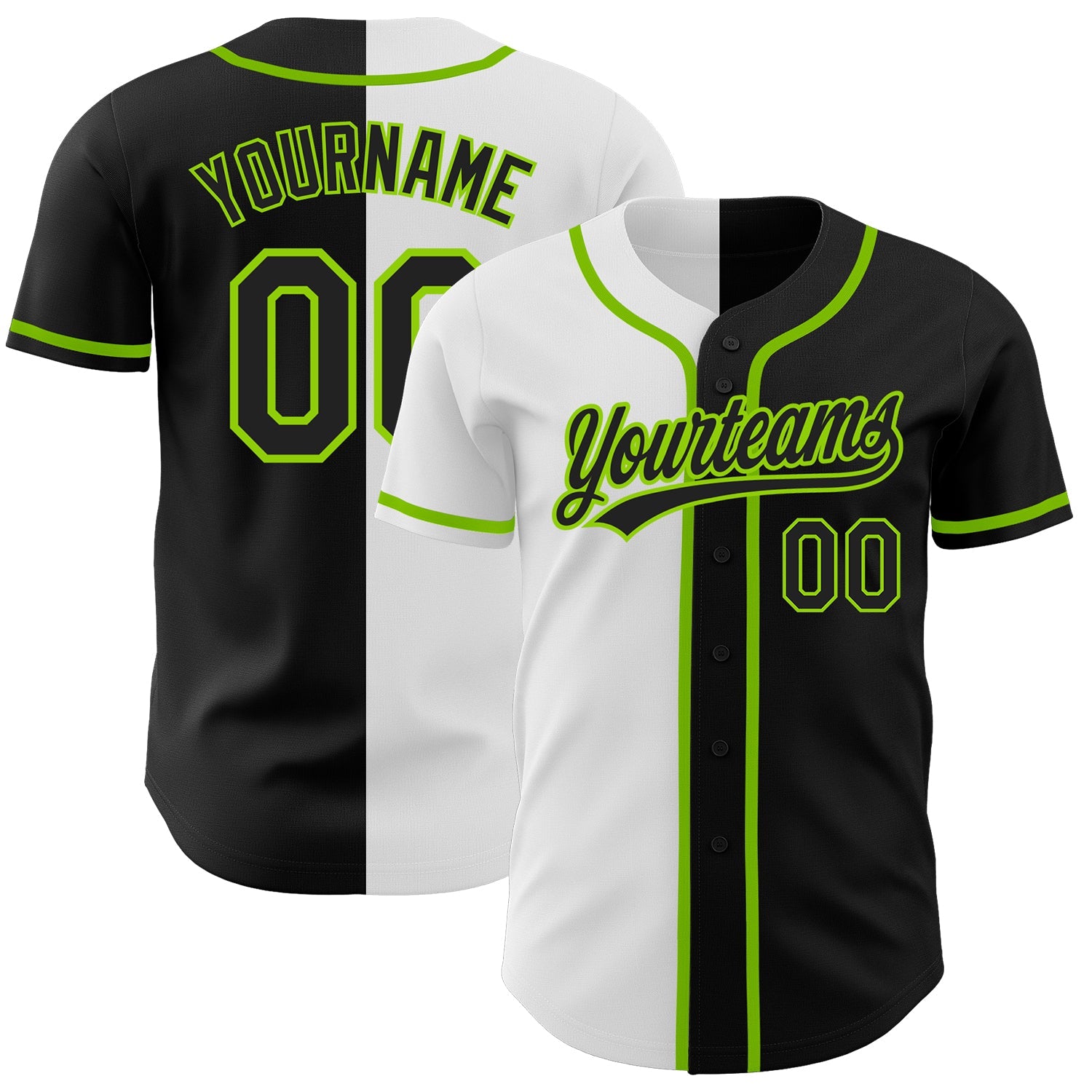 Custom Black Black White-Neon Green Authentic Split Fashion Baseball Jersey - Main View