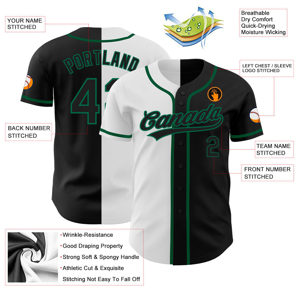 Custom Black Black White-Kelly Green Authentic Split Fashion Baseball Jersey view 3