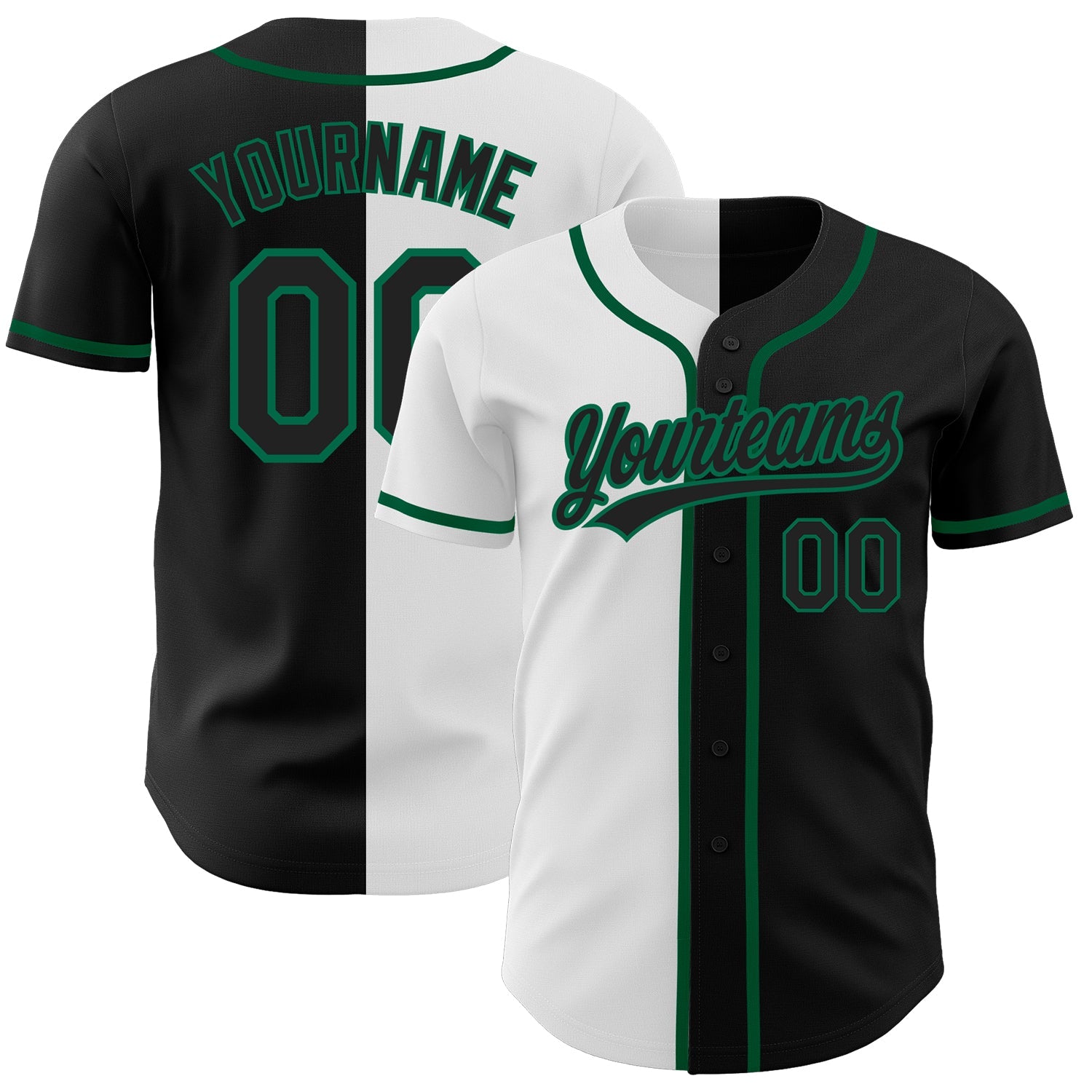 Custom Black Black White-Kelly Green Authentic Split Fashion Baseball Jersey - Main View