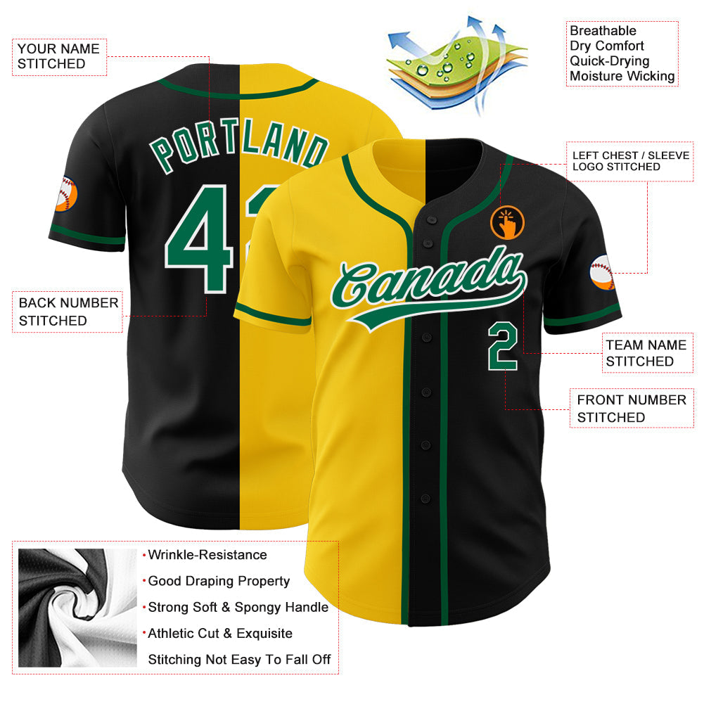 Custom Black Kelly Green-Yellow Authentic Split Fashion Baseball Jersey view 3