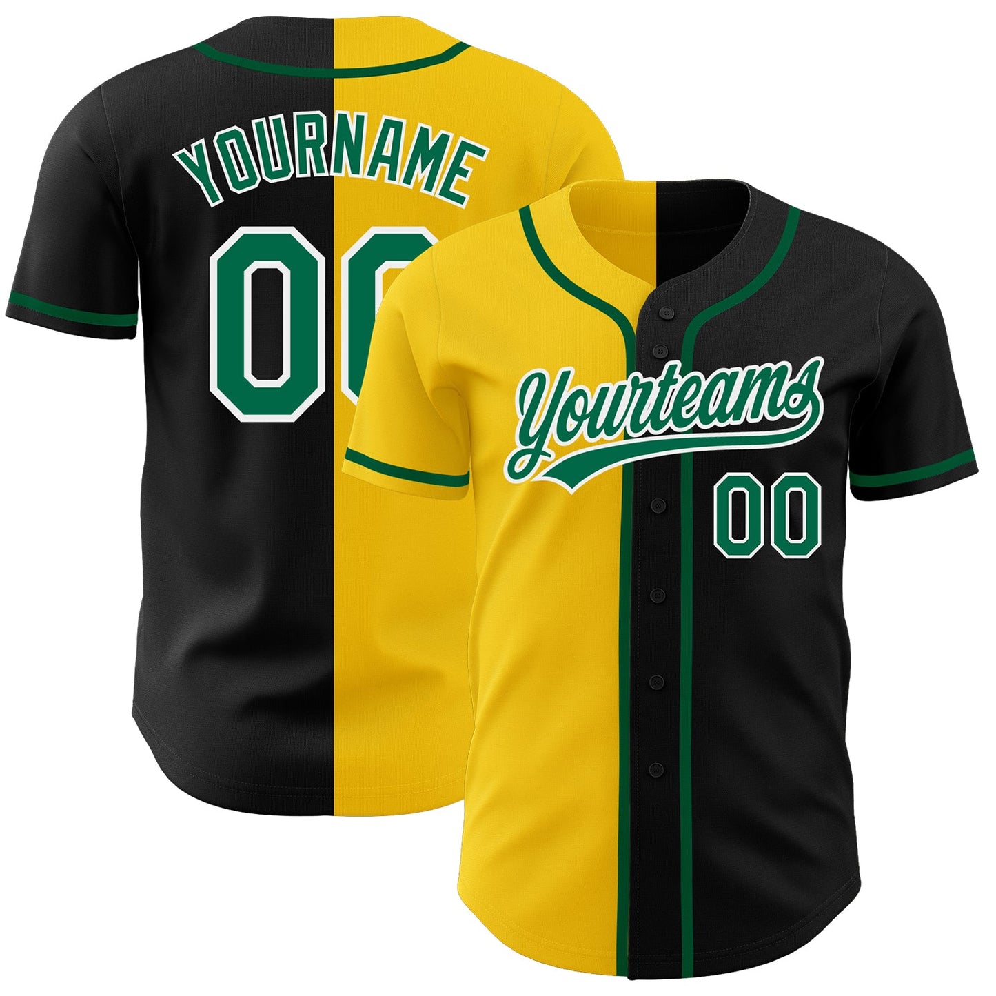 Custom Black Kelly Green-Yellow Authentic Split Fashion Baseball Jersey - Main View