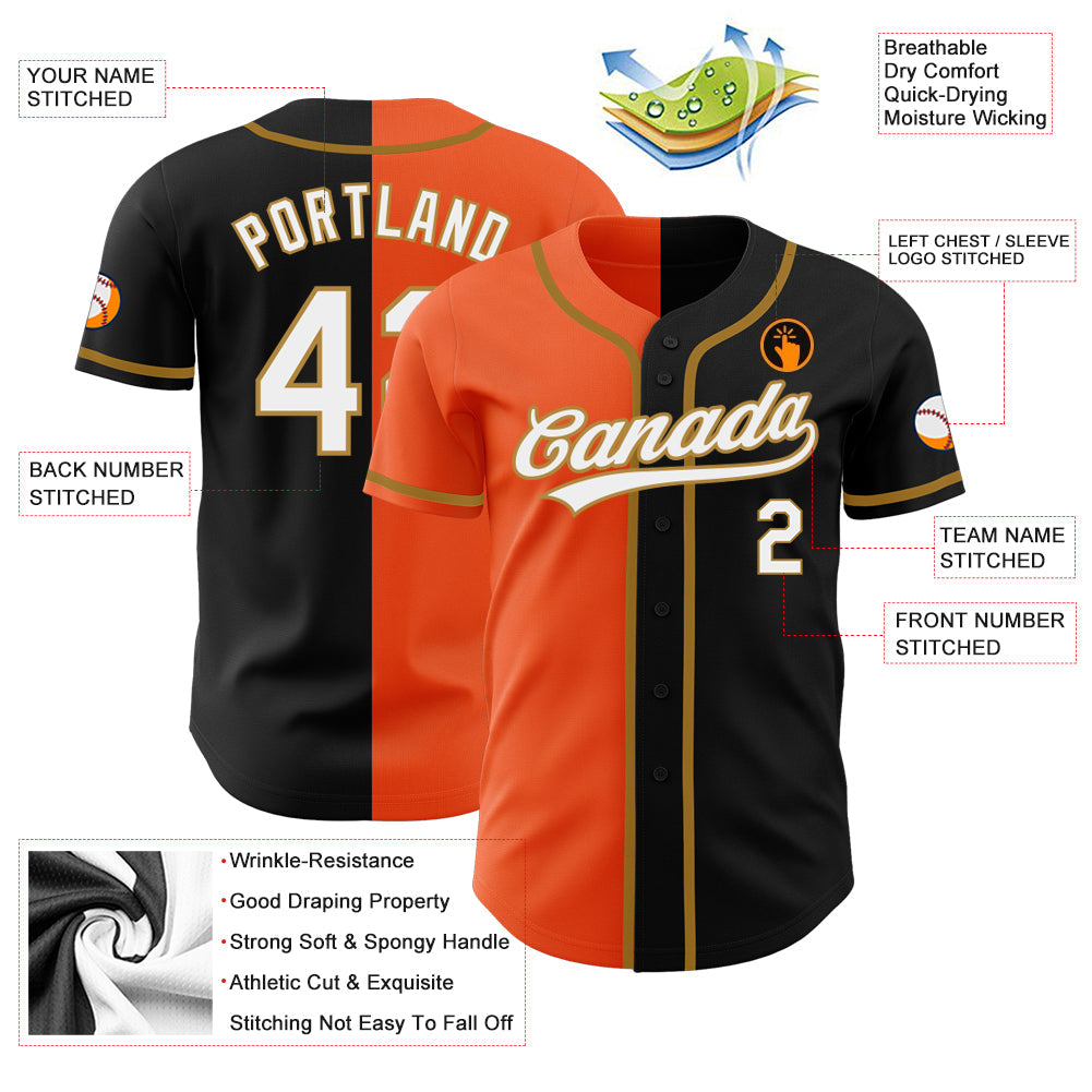 Custom Black White Orange-Old Gold Authentic Split Fashion Baseball Jersey view 3
