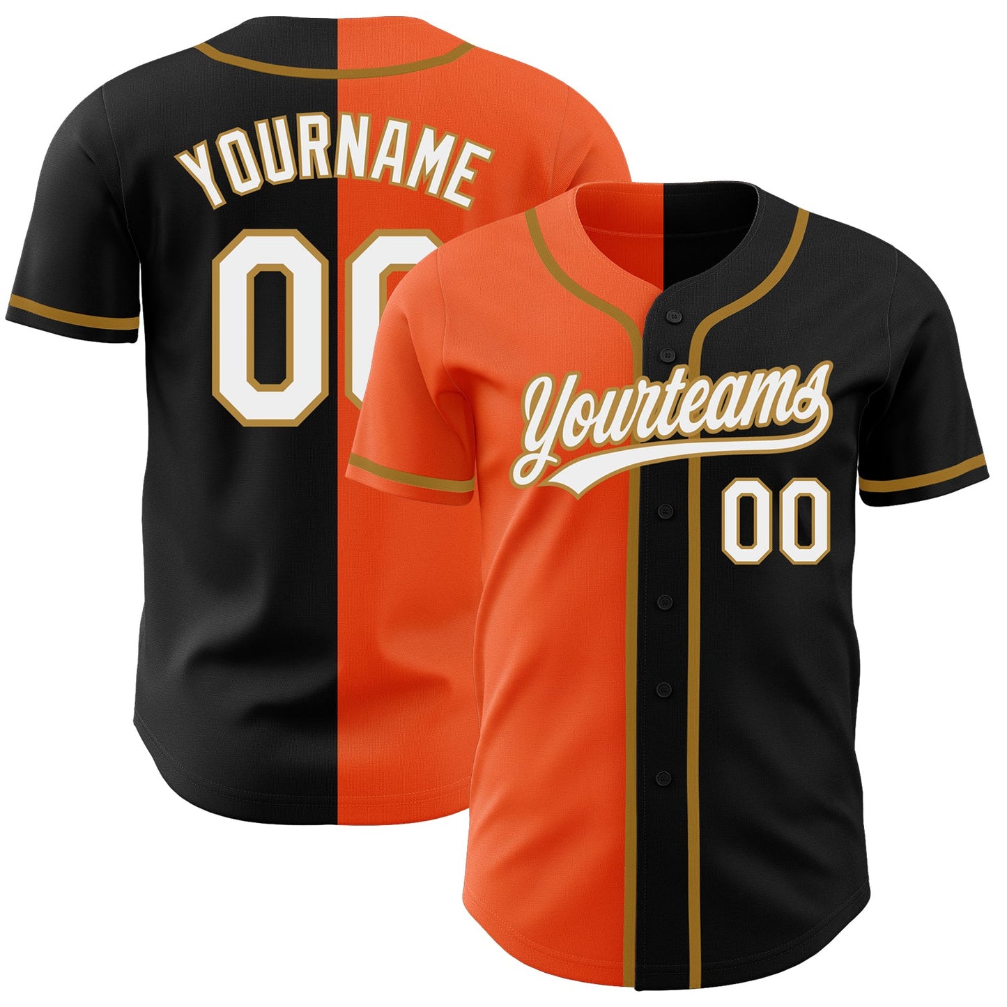 Custom Black White Orange-Old Gold Authentic Split Fashion Baseball Jersey - Main View