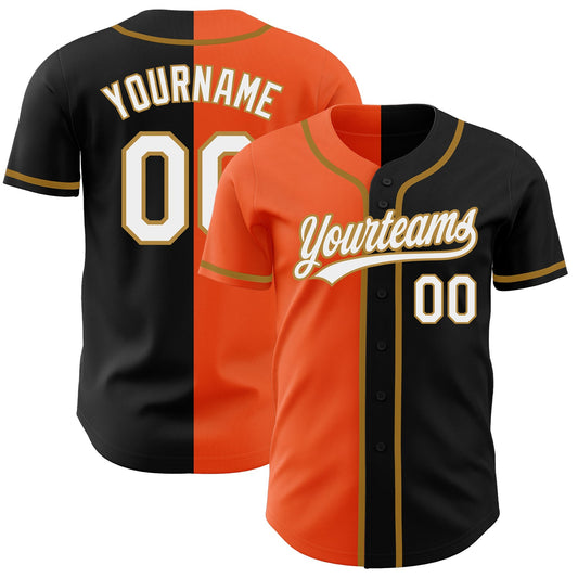 Custom Black White Orange-Old Gold Authentic Split Fashion Baseball Jersey - Main View