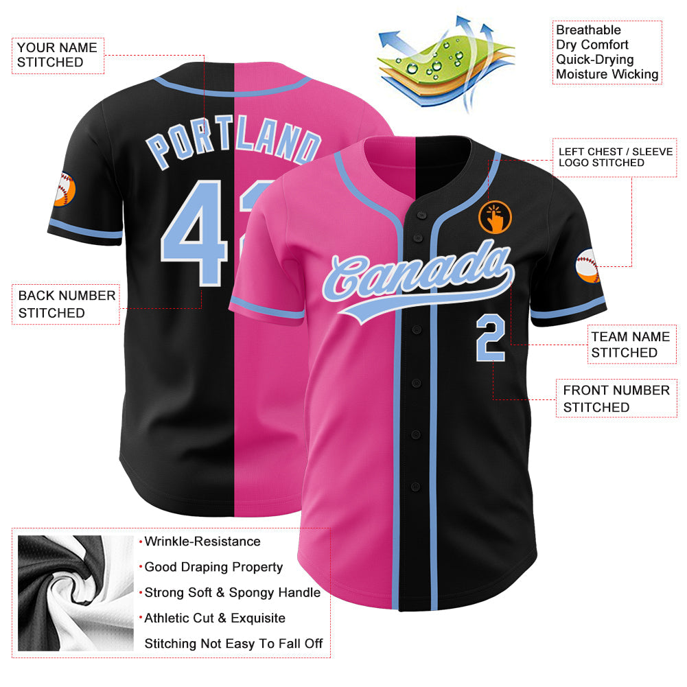 Custom Black Light Blue-Pink Authentic Split Fashion Baseball Jersey view 3
