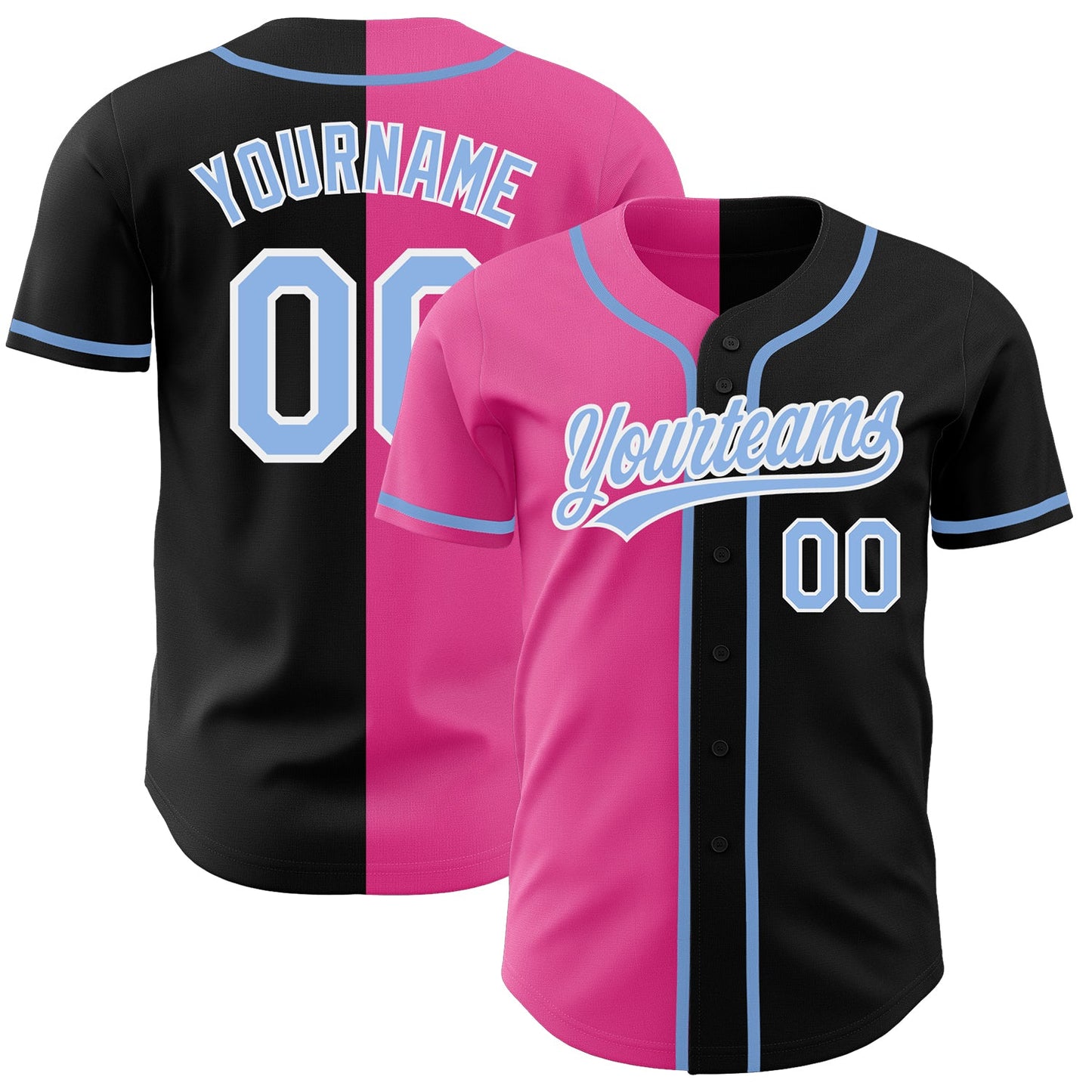 Custom Black Light Blue-Pink Authentic Split Fashion Baseball Jersey - Main View