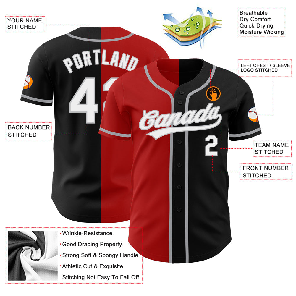 Custom Black White Red-Gray Authentic Split Fashion Baseball Jersey view 3