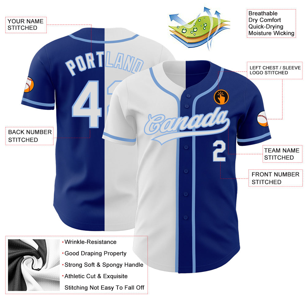 Custom Royal White-Light Blue Authentic Split Fashion Baseball Jersey view 3
