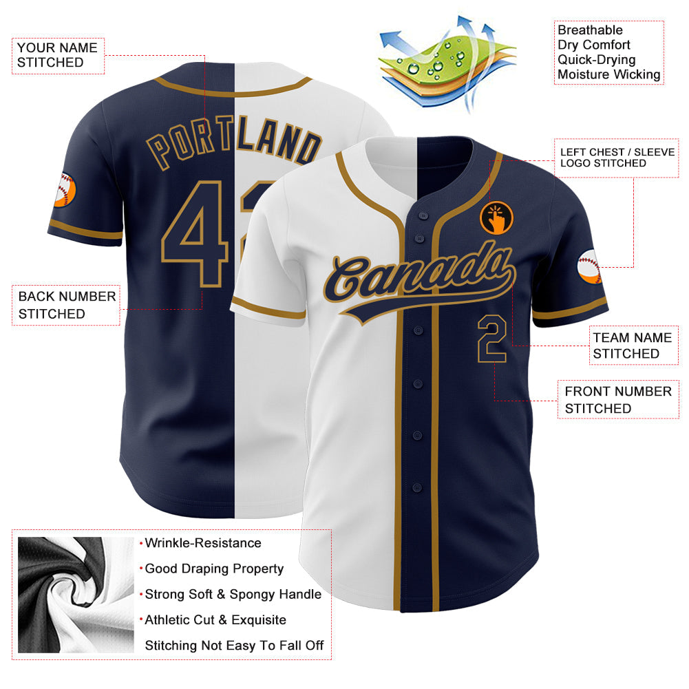 Custom Navy Navy White-Old Gold Authentic Split Fashion Baseball Jersey view 3