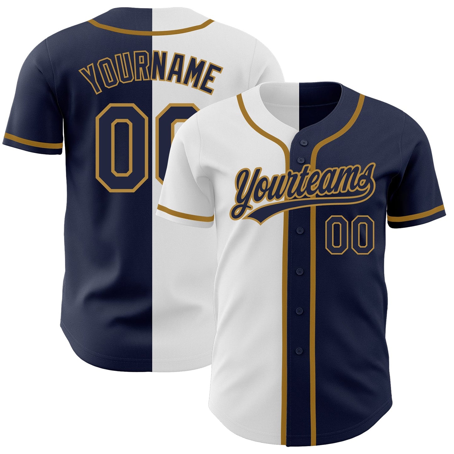 Custom Navy Navy White-Old Gold Authentic Split Fashion Baseball Jersey - Main View