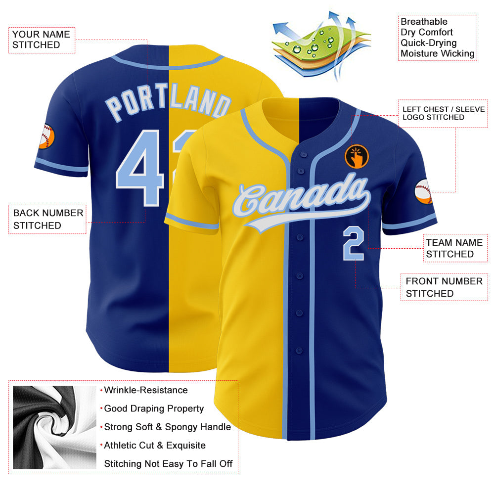 Custom Royal Light Blue-Yellow Authentic Split Fashion Baseball Jersey view 3