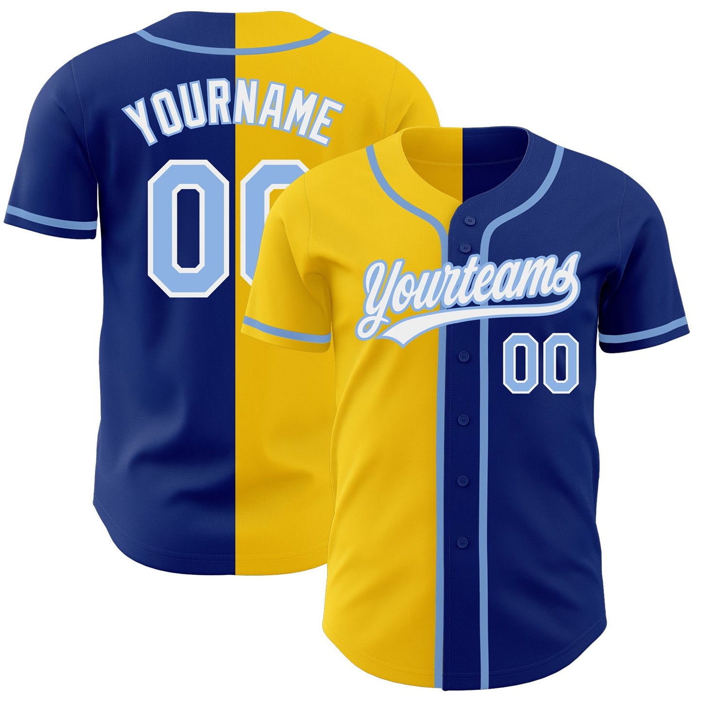 Custom Royal Light Blue-Yellow Authentic Split Fashion Baseball Jersey - Main View