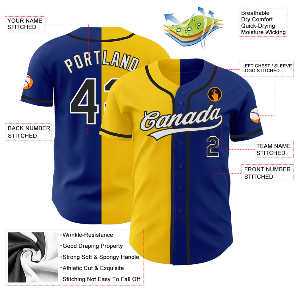 Custom Royal Black-Yellow Authentic Split Fashion Baseball Jersey view 3