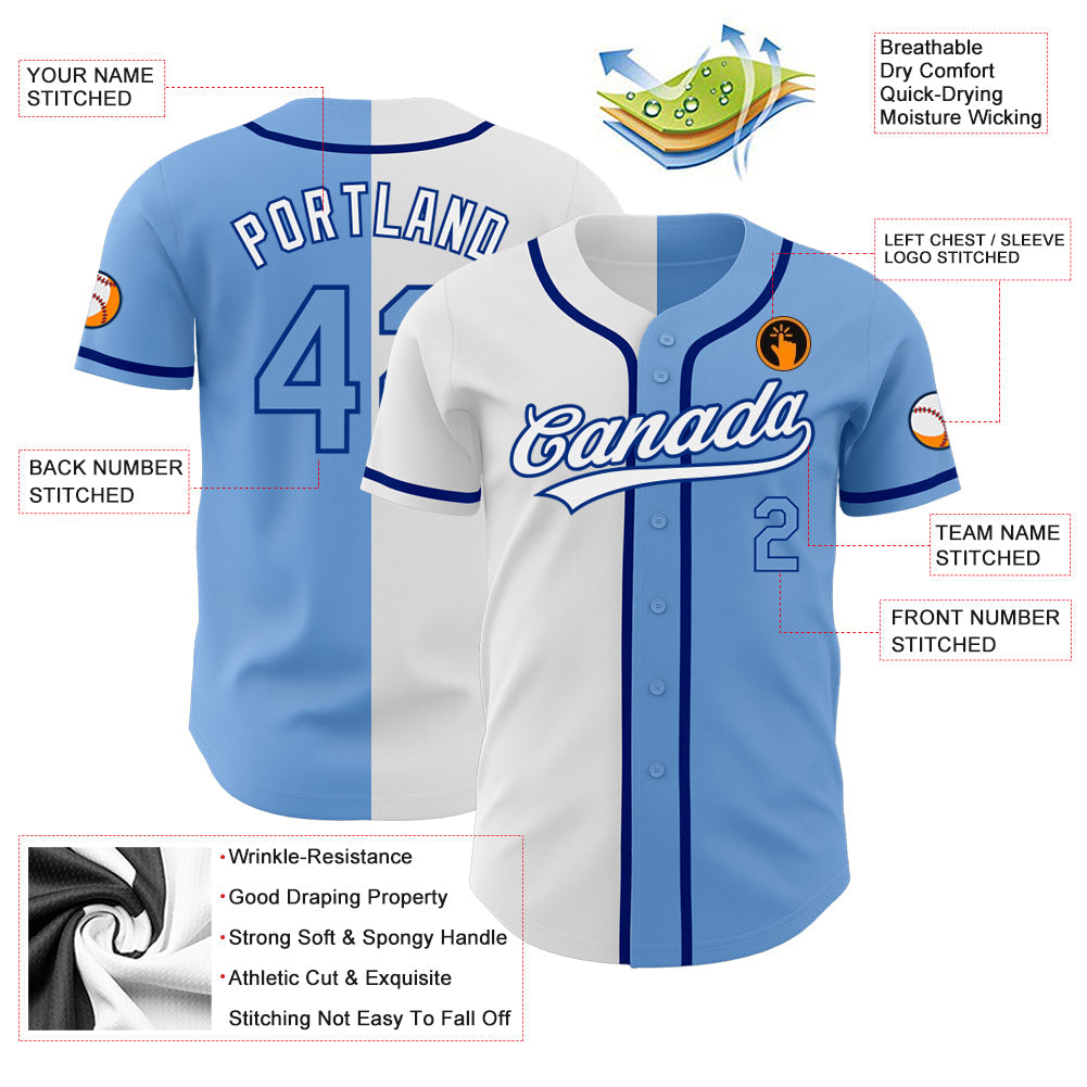 Custom Light Blue Light Blue White-Royal Authentic Split Fashion Baseball Jersey view 3