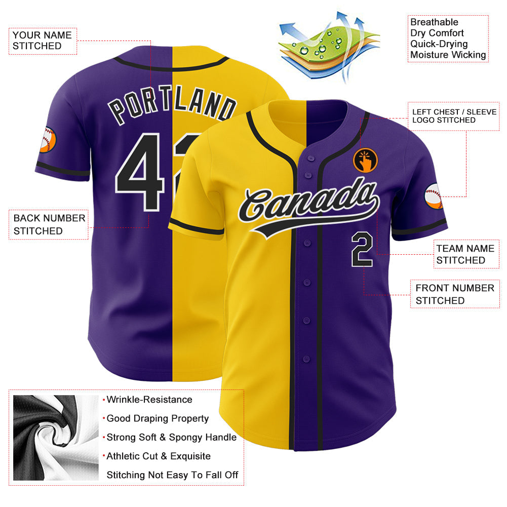 Custom Purple Black-Yellow Authentic Split Fashion Baseball Jersey view 3
