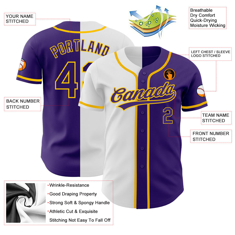 Custom Purple Purple White-Gold Authentic Split Fashion Baseball Jersey view 3
