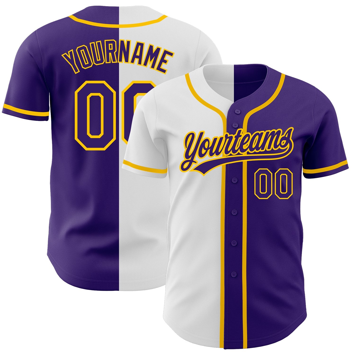 Custom Purple Purple White-Gold Authentic Split Fashion Baseball Jersey - Main View