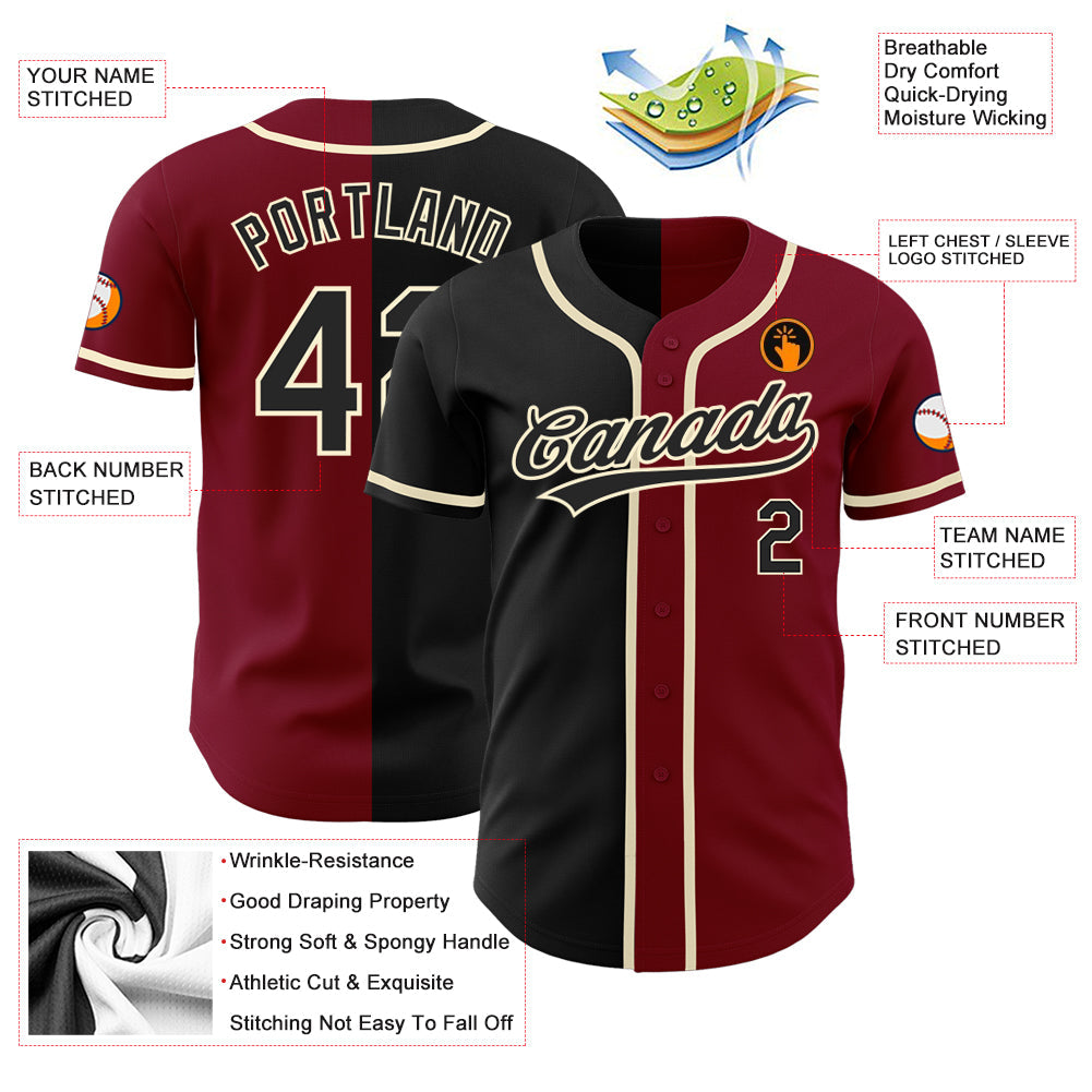 Custom Crimson Black-Cream Authentic Split Fashion Baseball Jersey view 3