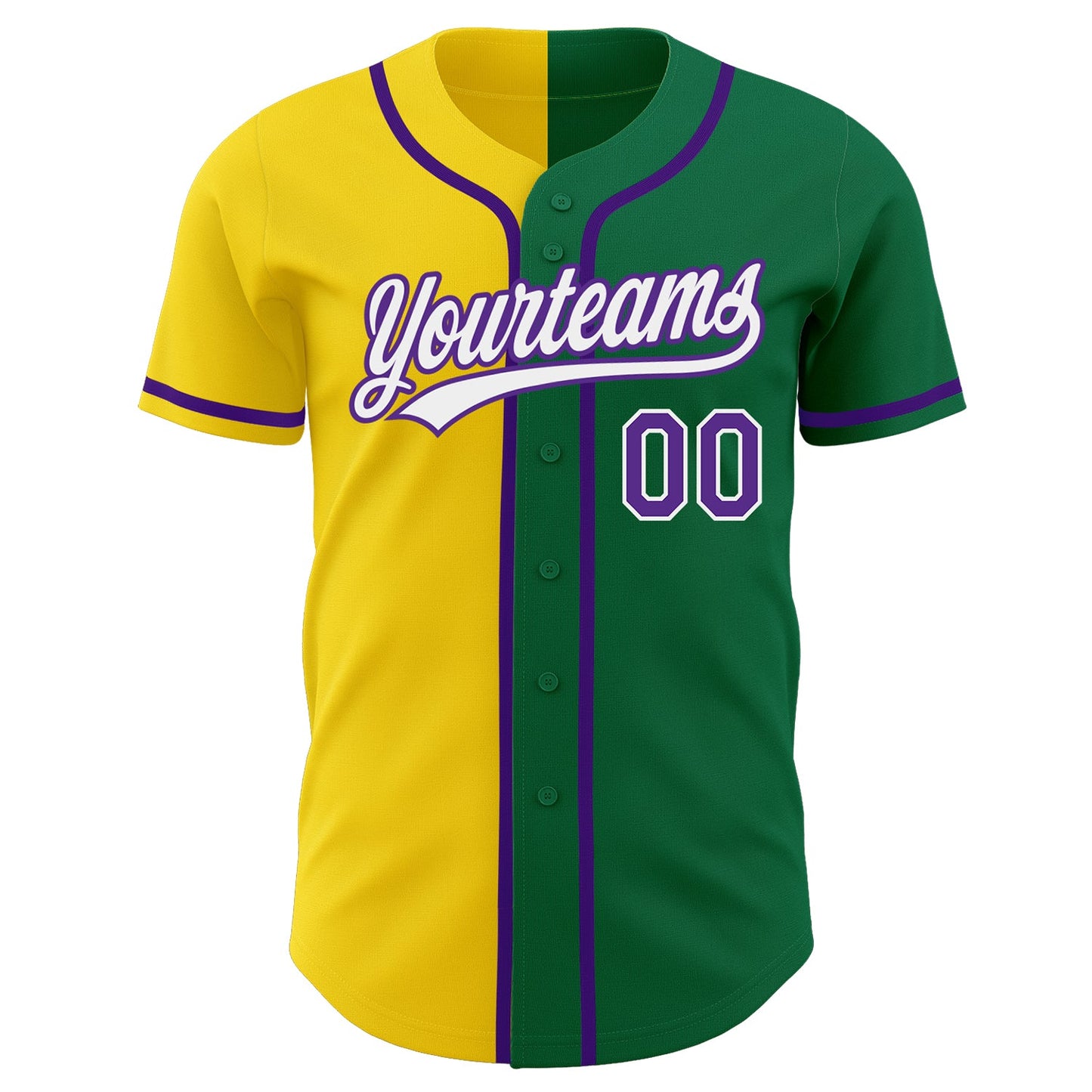 Custom Kelly Green Purple-Yellow Authentic Split Fashion Baseball Jersey view 2