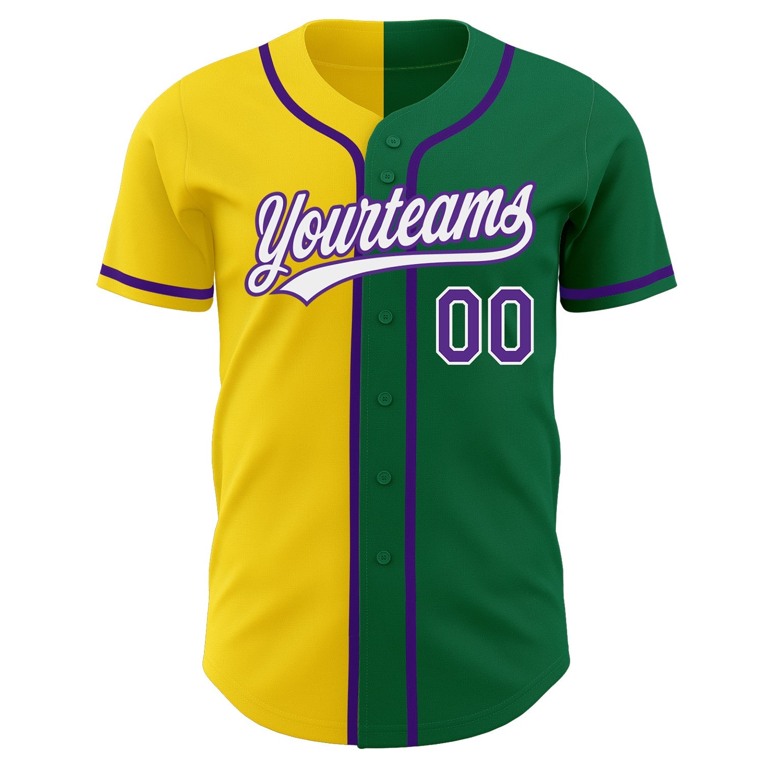 Custom Kelly Green Purple-Yellow Authentic Split Fashion Baseball Jersey view 2