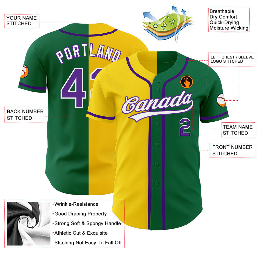 Custom Kelly Green Purple-Yellow Authentic Split Fashion Baseball Jersey view 3