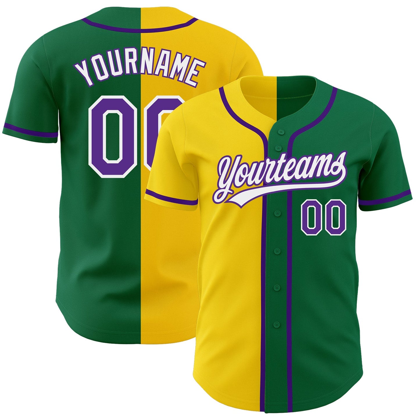 Custom Kelly Green Purple-Yellow Authentic Split Fashion Baseball Jersey - Main View