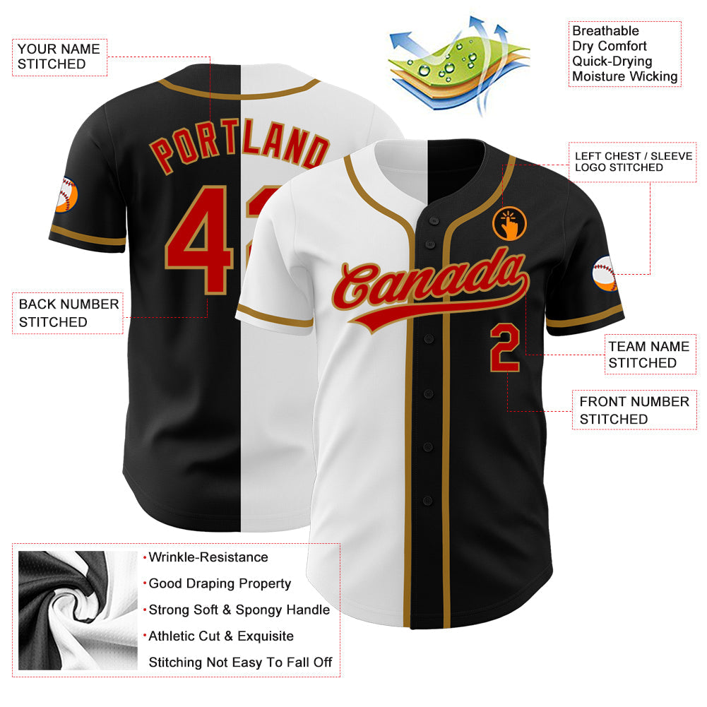 Custom Black Red White-Old Gold Authentic Split Fashion Baseball Jersey view 3